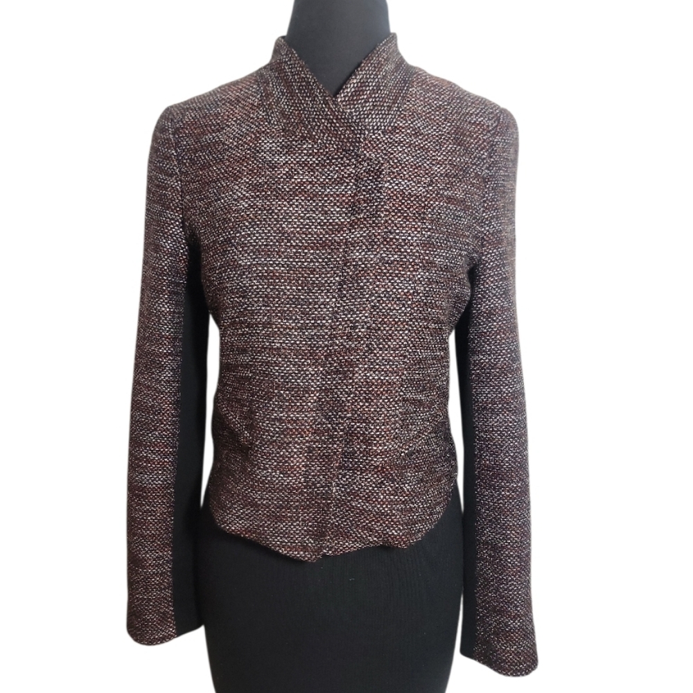 Ann Taylor tweed moto jacket women's size 4 cropped asymmetrical zip high collar